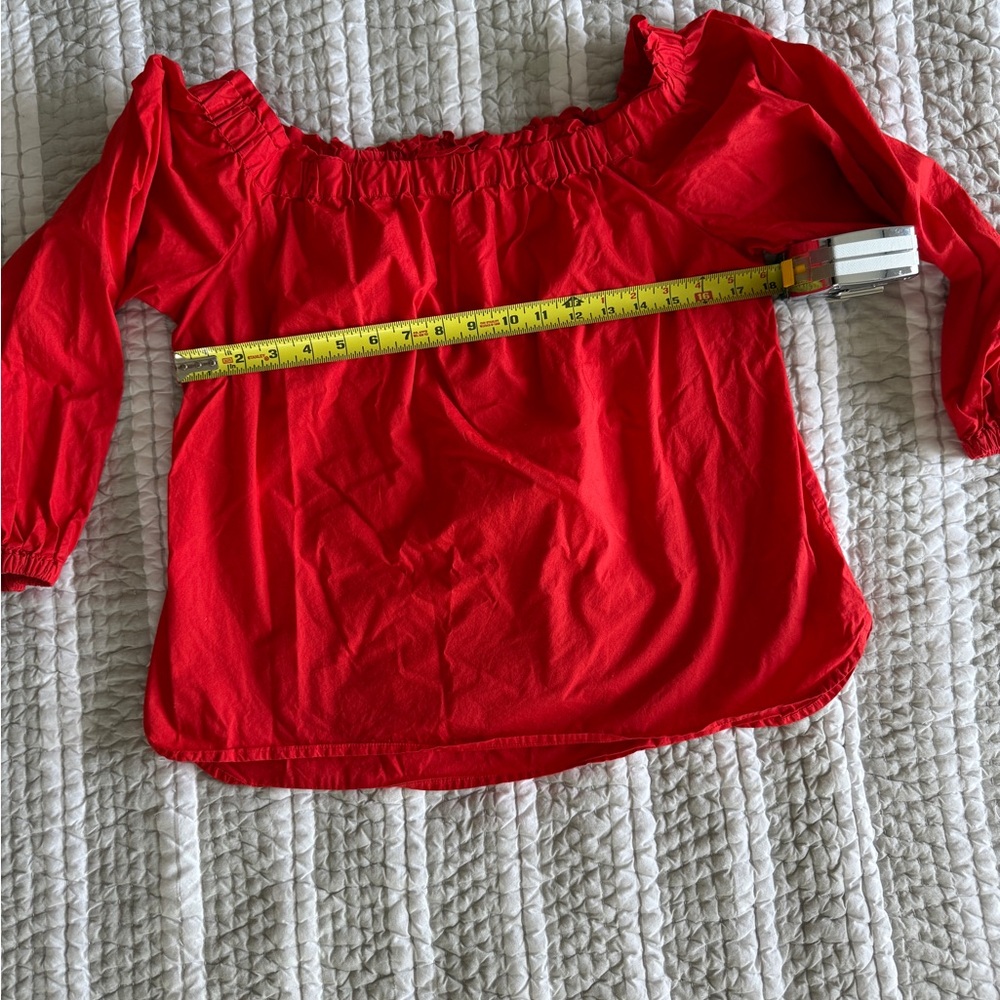 J. Crew Bright Cherry Red Cotton Fabric Off-the-Shoulder Blouse, Size Medium - Picture 4 of 7